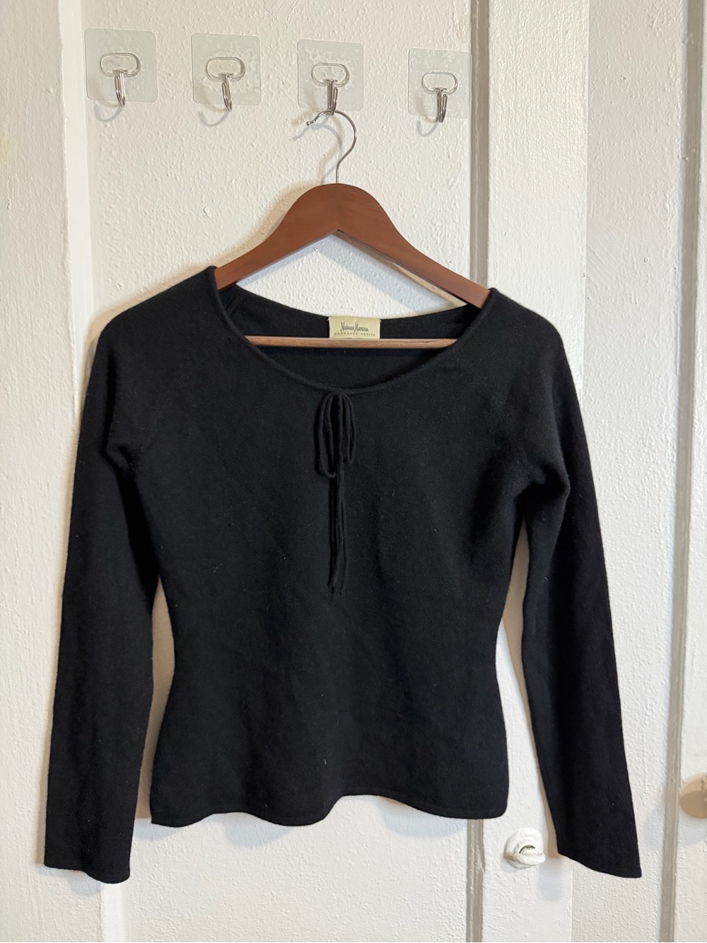 Neiman Marcus Black Long-Sleeve Tie-Neck Top